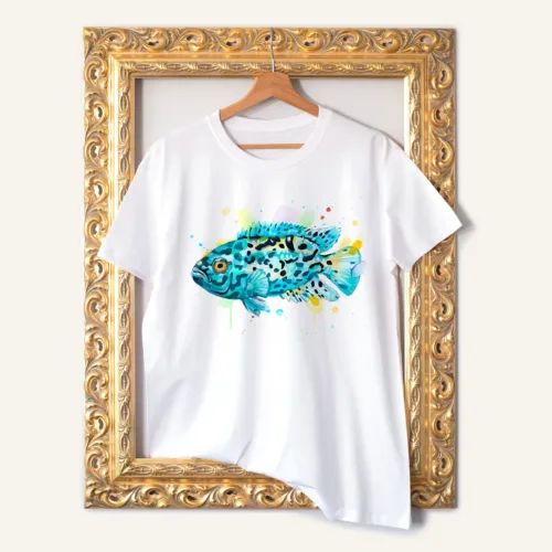Electric Blue Jack Dempsey T-Shirt, Watercolor Art Tee Electric Blue Jack Dempsey watercolor painting printed on a white cotton T-shirt by Slaveika Aladjova
