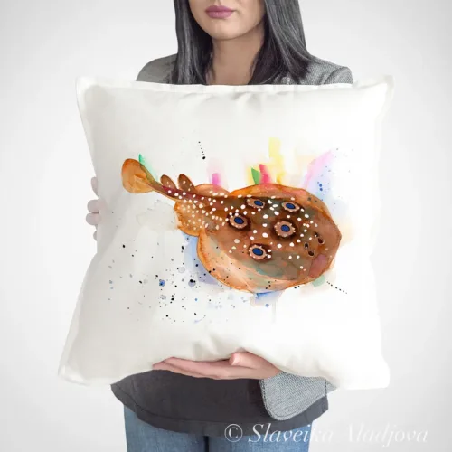 Electric Ray Art Pillow Cover, Watercolor Cushion 50 × 50 cm Electric Ray watercolor painting printed on a 50 x 50 cm cotton art pillow cover by Slaveika Aladjova