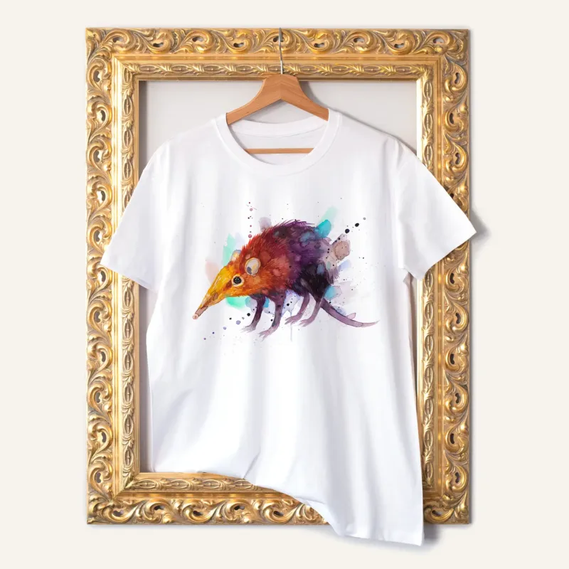 Elephant Shrew watercolor painting printed on a white cotton T-shirt by Slaveika Aladjova