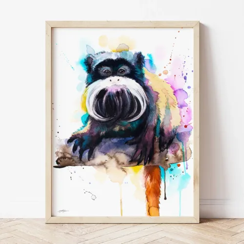 Emperor Tamarin watercolor painting the artwork on the T-shirt by Slaveika Aladjova