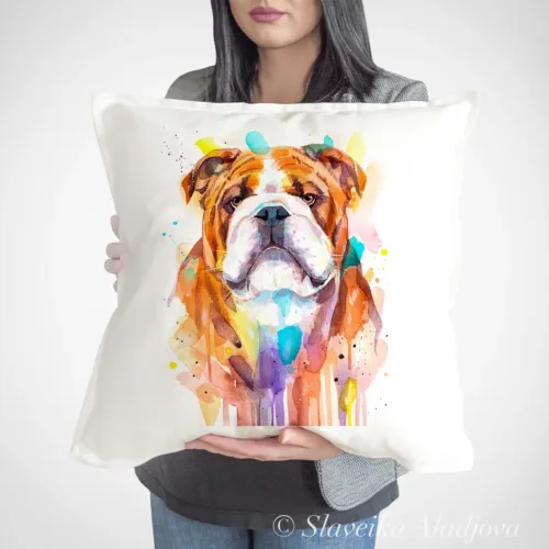 English Bulldog Art Pillow Cover, Watercolor Cushion 50 × 50 cm English Bulldog watercolor painting printed on a 50 x 50 cm cotton art pillow cover by Slaveika Aladjova
