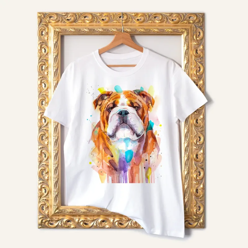 English Bulldog watercolor painting printed on a white cotton T-shirt by Slaveika Aladjova