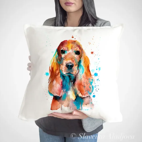 English Cocker Spaniel watercolor painting printed on a 50 x 50 cm cotton art pillow cover by Slaveika Aladjova