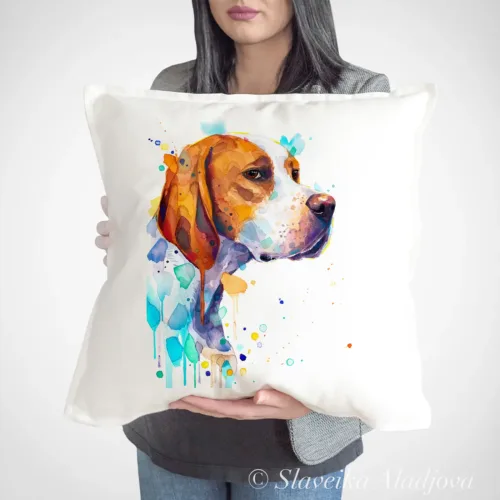 English Pointer Art Pillow Cover, Watercolor Cushion 50 × 50 cm English Pointer watercolor painting printed on a 50 x 50 cm cotton art pillow cover by Slaveika Aladjova