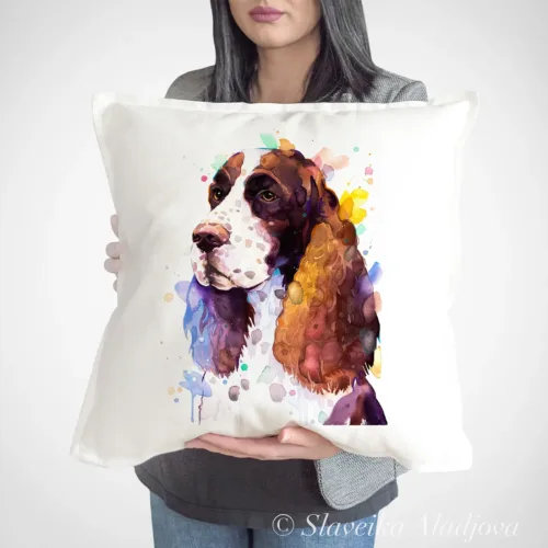 English Springer Spaniel Art Pillow Cover, Watercolor Cushion 50 × 50 cm English Springer Spaniel watercolor painting printed on a 50 x 50 cm cotton art pillow cover by Slaveika Aladjova