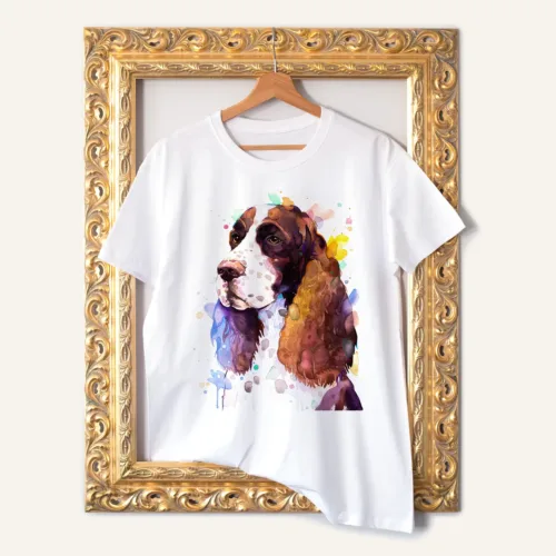 English Springer Spaniel T-Shirt, Watercolor Art Tee English Springer Spaniel watercolor painting printed on a white cotton T-shirt by Slaveika Aladjova