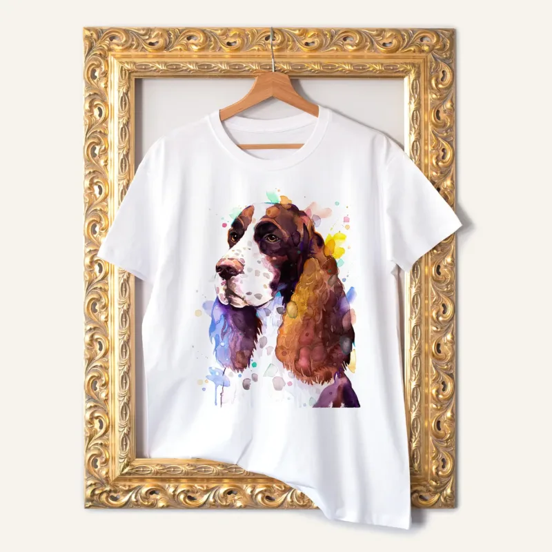 English Springer Spaniel watercolor painting printed on a white cotton T-shirt by Slaveika Aladjova