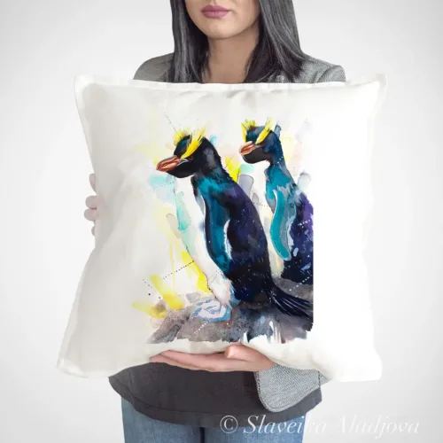 Erect-crested Penguins Art Pillow Cover, Watercolor Cushion 50 × 50 cm Erect-crested Penguins watercolor painting printed on a 50 x 50 cm cotton art pillow cover by Slaveika Aladjova