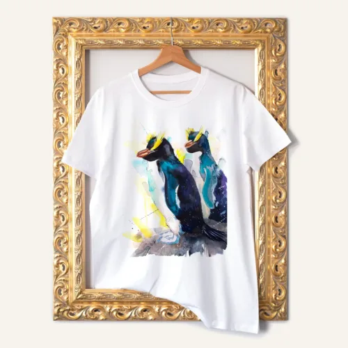 Erect-crested Penguins watercolor painting printed on a white cotton T-shirt by Slaveika Aladjova