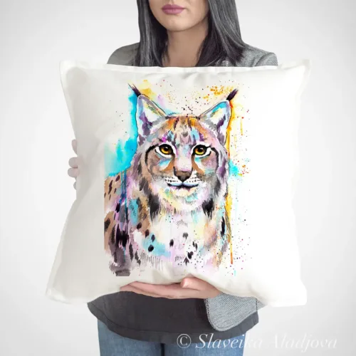 Eurasian Lynx Art Pillow Cover, Watercolor Cushion 50 × 50 cm Eurasian Lynx watercolor painting printed on a 50 x 50 cm cotton art pillow cover by Slaveika Aladjova
