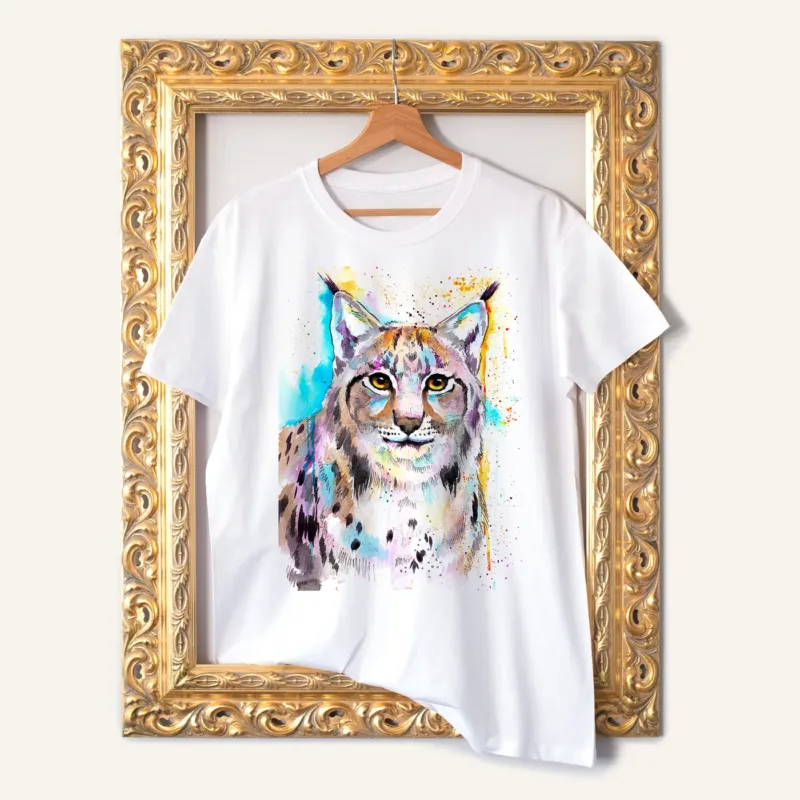 Eurasian Lynx watercolor painting printed on a white cotton T-shirt by Slaveika Aladjova
