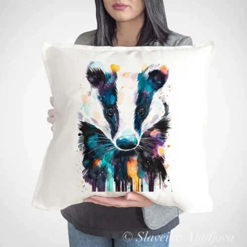 European Badger watercolor painting printed on a 50 x 50 cm cotton art pillow cover by Slaveika Aladjova