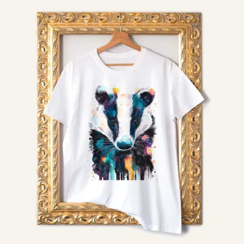 European Badger T-Shirt, Watercolor Art Tee European Badger watercolor painting printed on a white cotton T-shirt by Slaveika Aladjova
