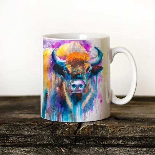 European Bison Art Mug, Watercolor Ceramic Mug 11 oz European Bison watercolor painting printed on an 11 oz ceramic art mug by Slaveika Aladjova