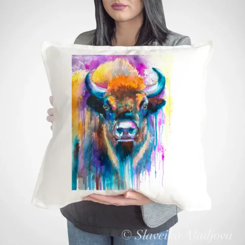 European Bison Art Pillow Cover, Watercolor Cushion 50 × 50 cm European Bison watercolor painting printed on a 50 x 50 cm cotton art pillow cover by Slaveika Aladjova