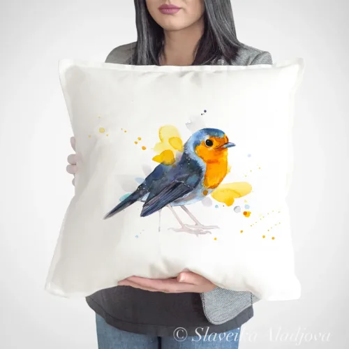 European Robin Art Pillow Cover, Watercolor Cushion 50 × 50 cm European Robin watercolor painting printed on a 50 x 50 cm cotton art pillow cover by Slaveika Aladjova