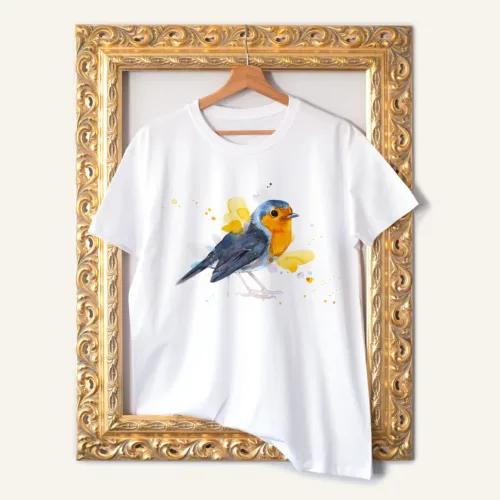 European Robin T-Shirt, Watercolor Art Tee European Robin watercolor painting printed on a white cotton T-shirt by Slaveika Aladjova