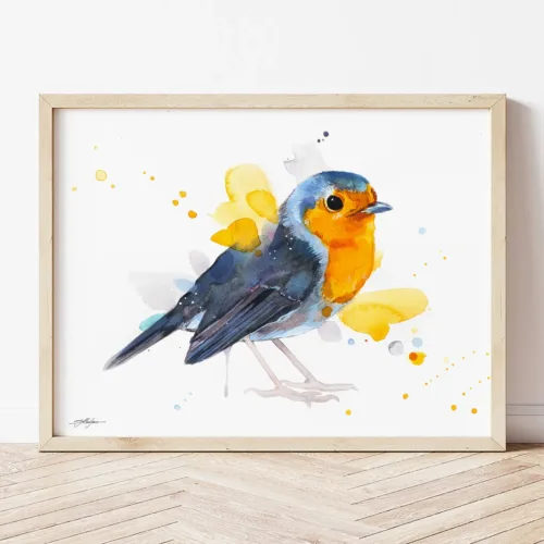 European Robin watercolor painting the artwork on the T-shirt by Slaveika Aladjova