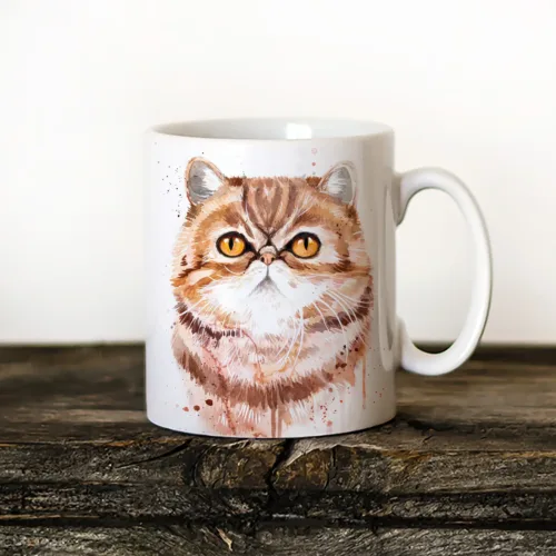 Exotic Shorthair Cat Art Mug, Watercolor Ceramic Mug 11 oz Exotic Shorthair Cat watercolor painting printed on an 11 oz ceramic art mug by Slaveika Aladjova