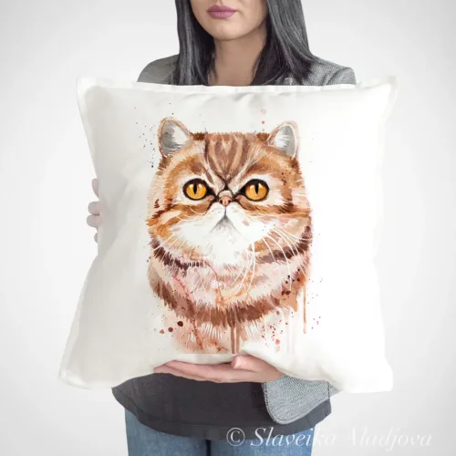 Exotic Shorthair Cat Art Pillow Cover, Watercolor Cushion 50 × 50 cm Exotic Shorthair Cat watercolor painting printed on a 50 x 50 cm cotton art pillow cover by Slaveika Aladjova