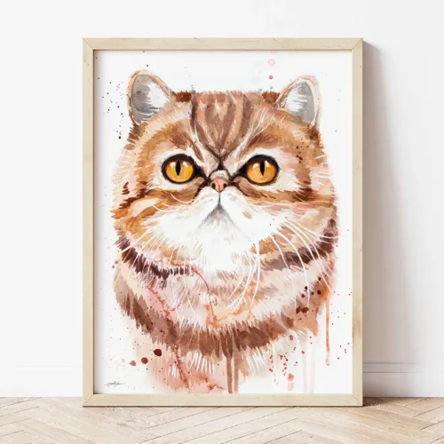 Exotic Shorthair Cat watercolor painting the artwork on the T-shirt by Slaveika Aladjova