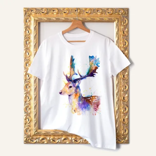 Fallow Deer T-Shirt, Watercolor Art Tee Fallow Deer watercolor painting printed on a white cotton T-shirt by Slaveika Aladjova