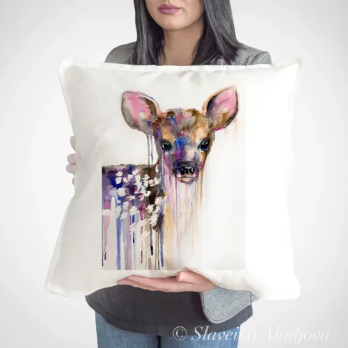 Fawn Art Pillow Cover, Watercolor Cushion 50 × 50 cm Fawn watercolor painting printed on a 50 x 50 cm cotton art pillow cover by Slaveika Aladjova