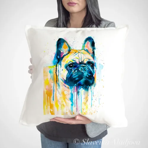 Fawn French Bulldog Art Pillow Cover, Watercolor Cushion 50 × 50 cm Fawn French Bulldog watercolor painting printed on a 50 x 50 cm cotton art pillow cover by Slaveika Aladjova