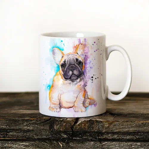 Fawn French Bulldog Puppy Art Mug, Watercolor Ceramic Mug 11 oz Fawn French Bulldog Puppy watercolor painting printed on an 11 oz ceramic art mug by Slaveika Aladjova