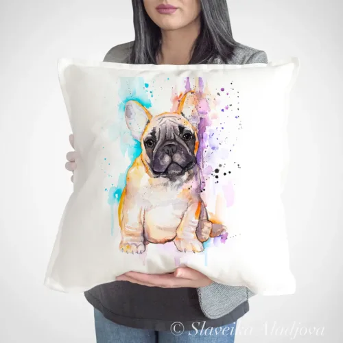 Fawn French Bulldog Puppy Art Pillow Cover, Watercolor Cushion 50 × 50 cm Fawn French Bulldog Puppy watercolor painting printed on a 50 x 50 cm cotton art pillow cover by Slaveika Aladjova