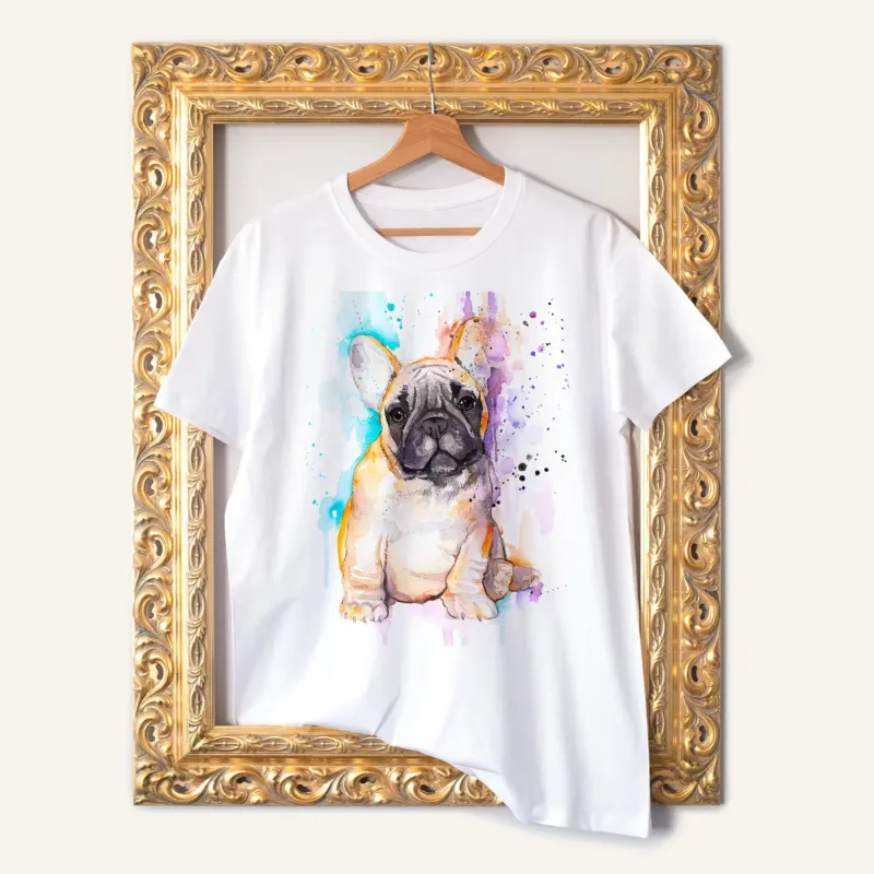Fawn French Bulldog Puppy watercolor painting printed on a white cotton T-shirt by Slaveika Aladjova