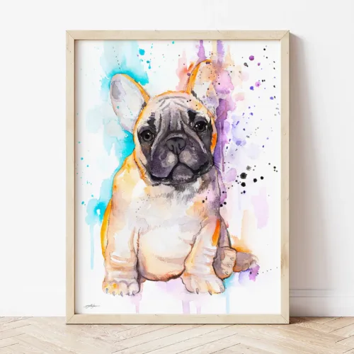 Fawn French Bulldog Puppy watercolor painting the artwork on the T-shirt by Slaveika Aladjova