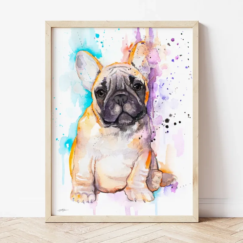 Fawn French Bulldog Puppy watercolor painting the artwork on the T-shirt by Slaveika Aladjova