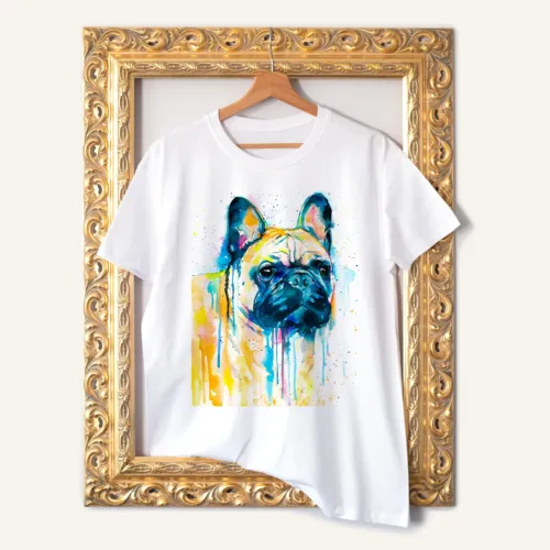 Fawn French Bulldog T-Shirt, Watercolor Art Tee Fawn French Bulldog watercolor painting printed on a white cotton T-shirt by Slaveika Aladjova
