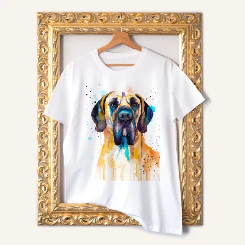 Fawn Great Dane T-Shirt, Watercolor Art Tee Fawn Great Dane watercolor painting printed on a white cotton T-shirt by Slaveika Aladjova
