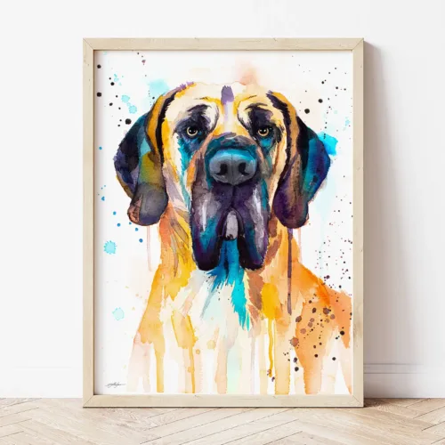 Fawn Great Dane watercolor painting the artwork on the T-shirt by Slaveika Aladjova