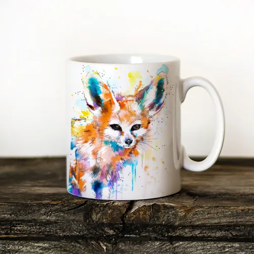 Fennec Fox Art Mug, Watercolor Ceramic Mug 11 oz Fennec Fox watercolor painting printed on an 11 oz ceramic art mug by Slaveika Aladjova