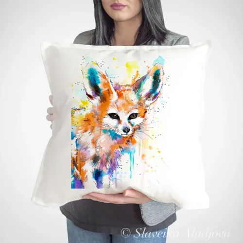 Fennec Fox watercolor painting printed on a 50 x 50 cm cotton art pillow cover by Slaveika Aladjova