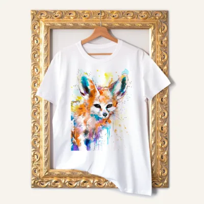 Fennec Fox watercolor painting printed on a white cotton T-shirt by Slaveika Aladjova