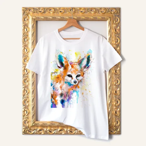 Fennec Fox watercolor painting printed on a white cotton T-shirt by Slaveika Aladjova