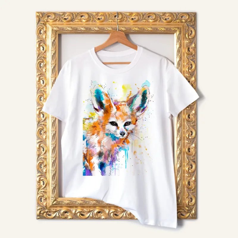 Fennec Fox watercolor painting printed on a white cotton T-shirt by Slaveika Aladjova
