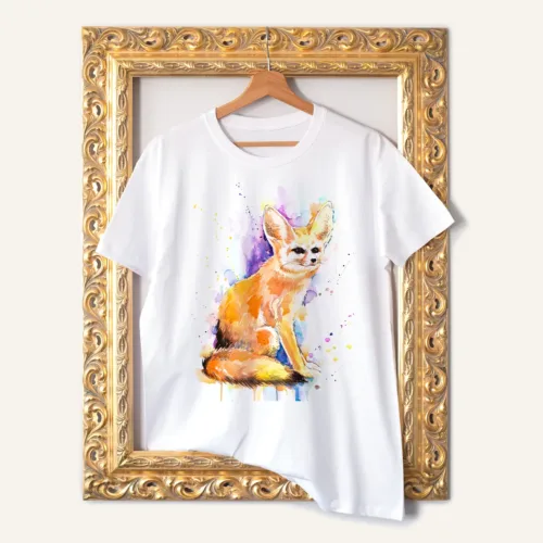Fennec fox watercolor painting printed on a white cotton T-shirt by Slaveika Aladjova
