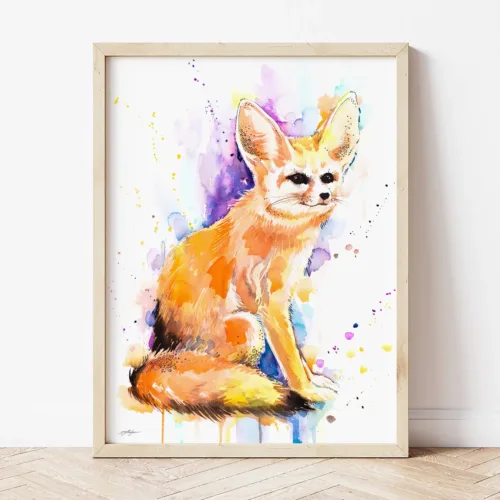 Fennec fox watercolor painting by Slaveika Aladjova, the artwork on the T-shirt
