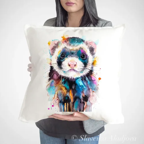 Ferret Art Pillow Cover, Watercolor Cushion 50 × 50 cm Ferret watercolor painting printed on a 50 x 50 cm cotton art pillow cover by Slaveika Aladjova