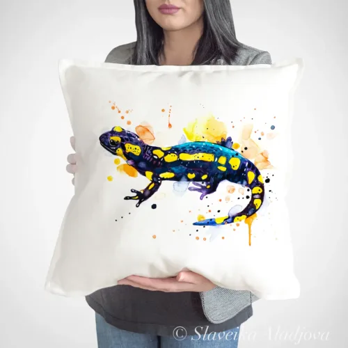 Fire Salamander Art Pillow Cover, Watercolor Cushion 50 × 50 cm Fire Salamander watercolor painting printed on a 50 x 50 cm cotton art pillow cover by Slaveika Aladjova