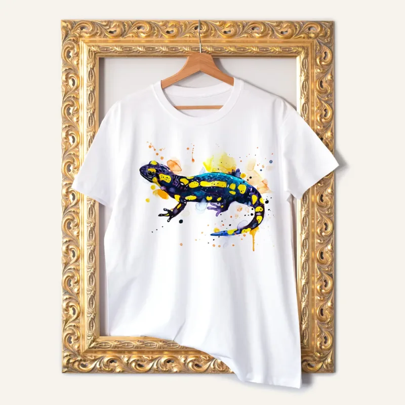 Fire Salamander watercolor painting printed on a white cotton T-shirt by Slaveika Aladjova
