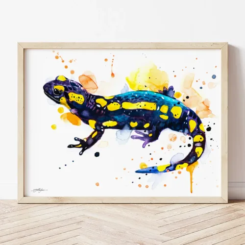 Fire Salamander watercolor painting the artwork on the T-shirt by Slaveika Aladjova