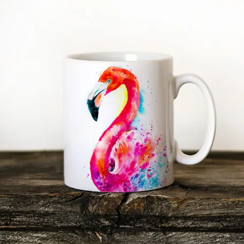 Flamingo in Orange Art Mug, Watercolor Ceramic Mug 11 oz Flamingo in Orange watercolor painting printed on an 11 oz ceramic art mug by Slaveika Aladjova