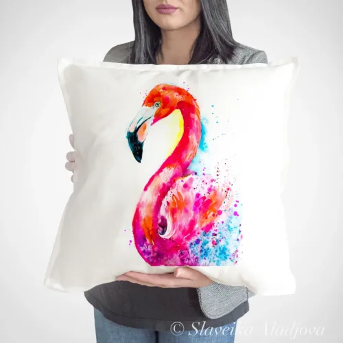 Flamingo in Orange Art Pillow Cover, Watercolor Cushion 50 × 50 cm Flamingo in Orange watercolor painting printed on a 50 x 50 cm cotton art pillow cover by Slaveika Aladjova