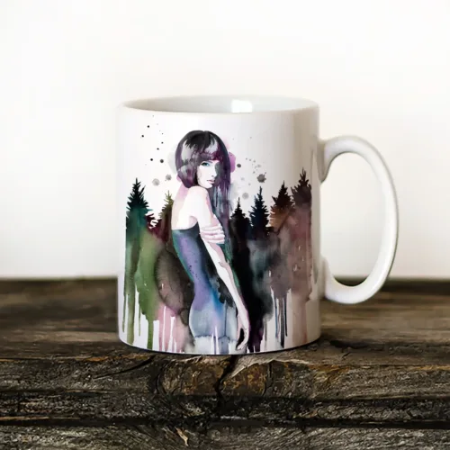 Forest Girl Art Mug, Watercolor Ceramic Mug 11 oz Forest Girl watercolor painting printed on an 11 oz ceramic art mug by Slaveika Aladjova